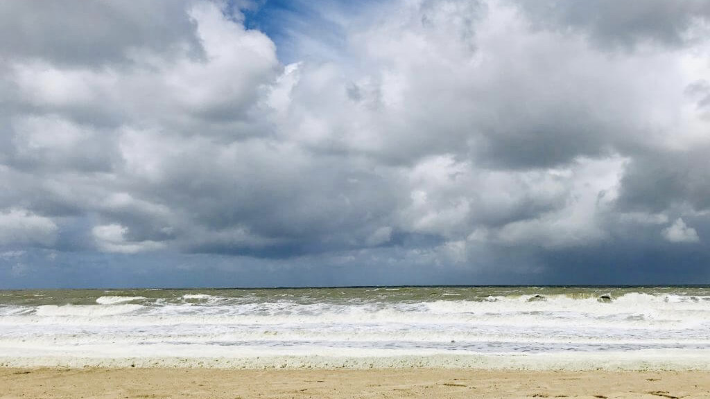 Man sieht die Küste des Meeres vom Strand aus. Der Himmel ist wolkenverhangen