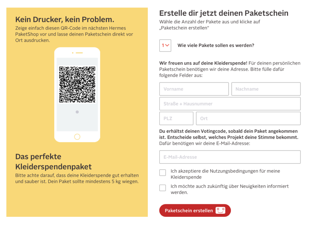 Das Bild zeigt ein Bildausschnitt der Webseite PlatzschaffenmitHerz, wo Paketscheine ausgedruckt werden können.