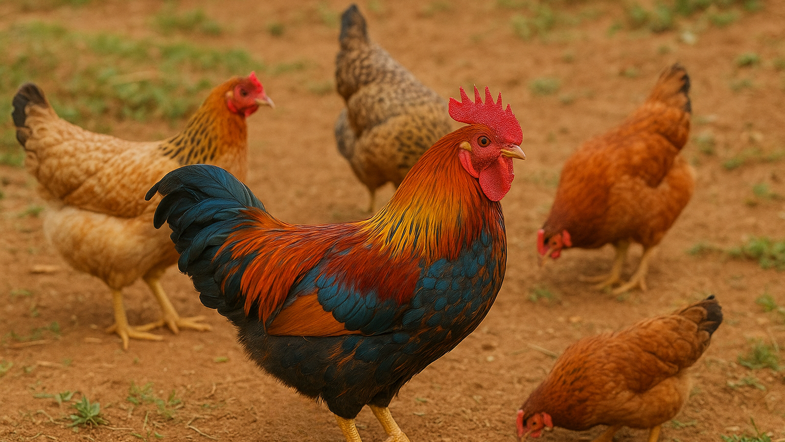 Buntes Huhn steht zwischen mehreren Hennen auf rotem Erdboden.