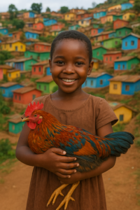 Mädchen hält Huhn vor bunten Hanghäusern in Kigali.